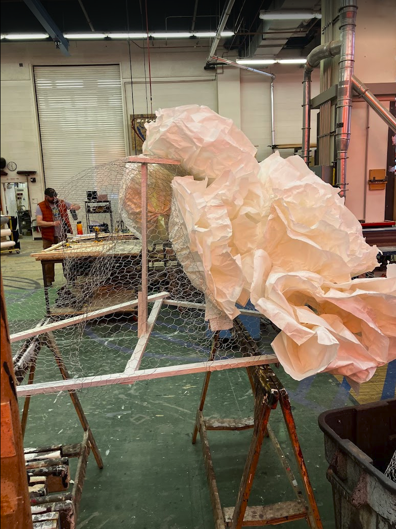 Cloud puffs attached to chicken wire frame