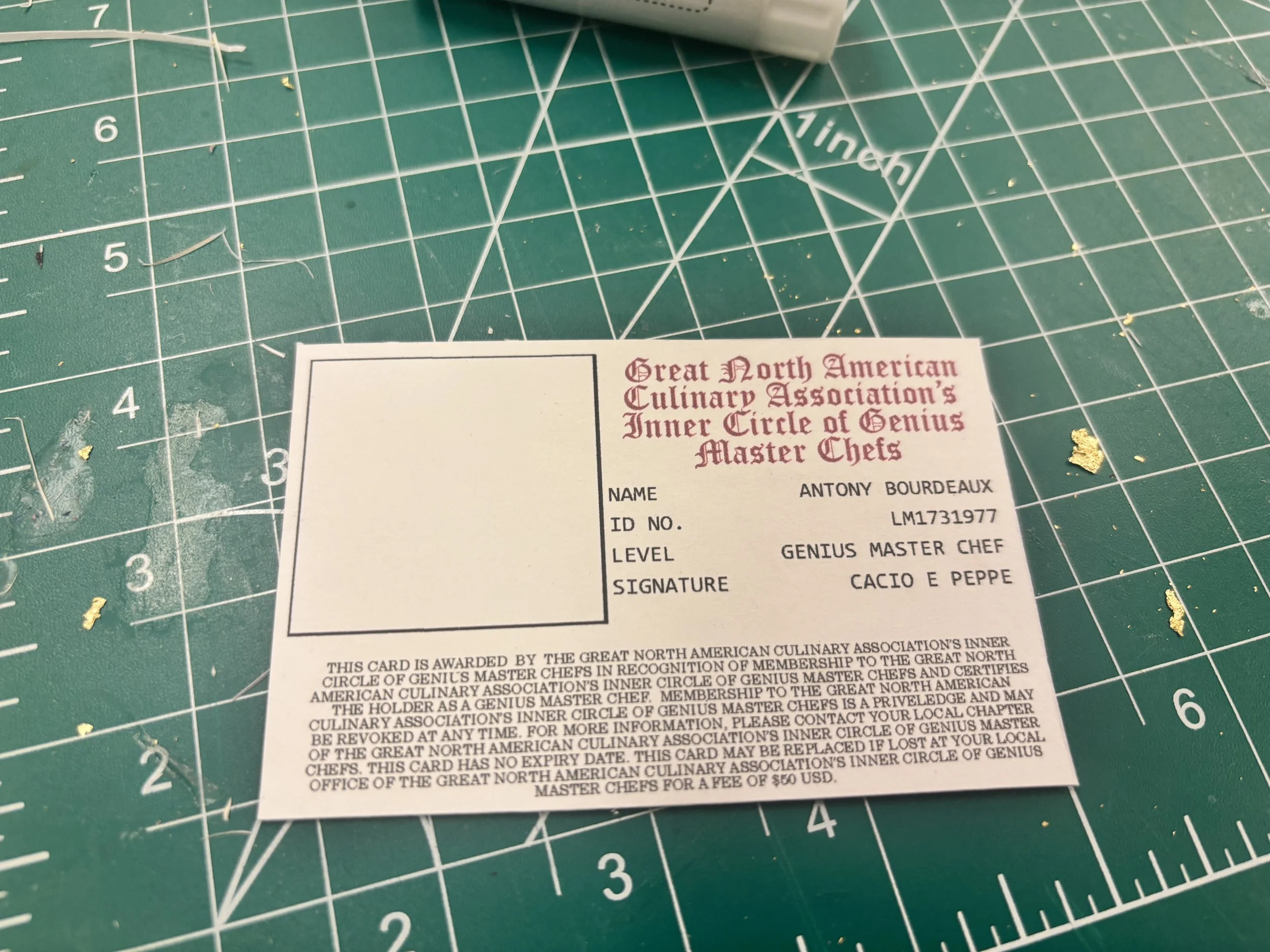 ID for the Great North American Culinary Association's Inner Circle of Genius Master Chefs (without photo)