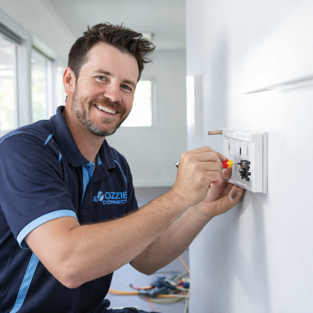 A technician wearing a blue Ozzie Connect shirt is smiling while using a screwdriver to work on an electrical outlet in a well-lit room.