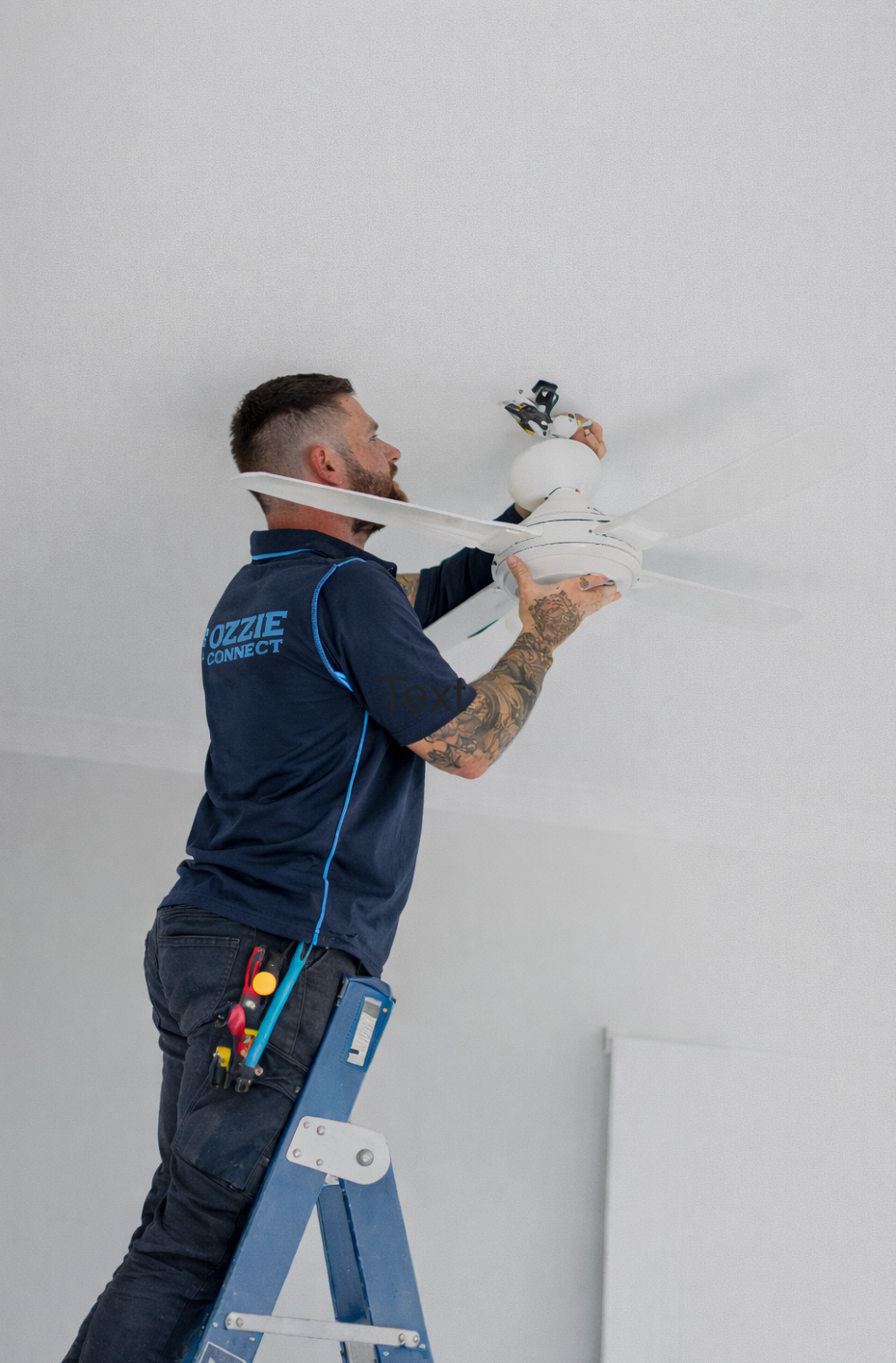 Man installing a ceiling fan on a white ceiling while standing on a blue ladder.