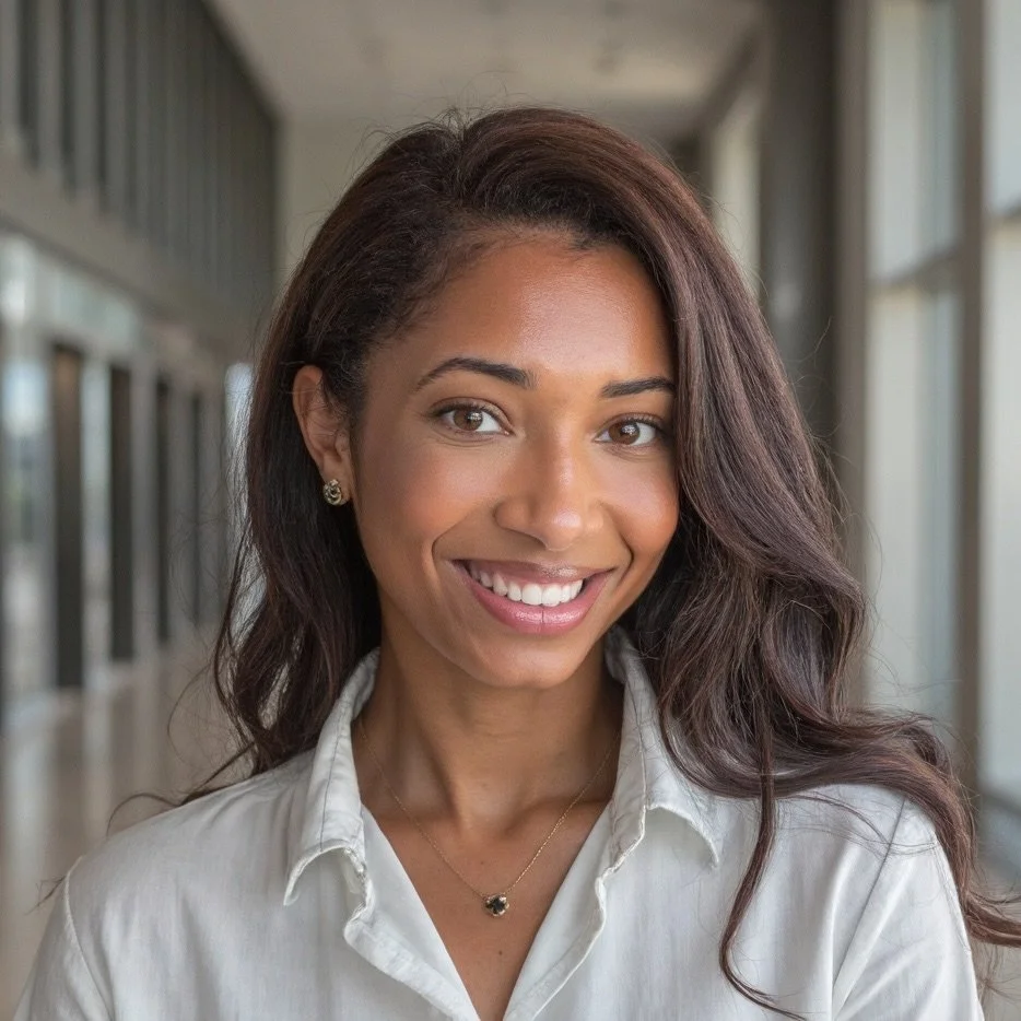 A smiling woman with long wavy hair, wearing a white shirt and gold jewelry, standing in a modern indoor space with large windows.