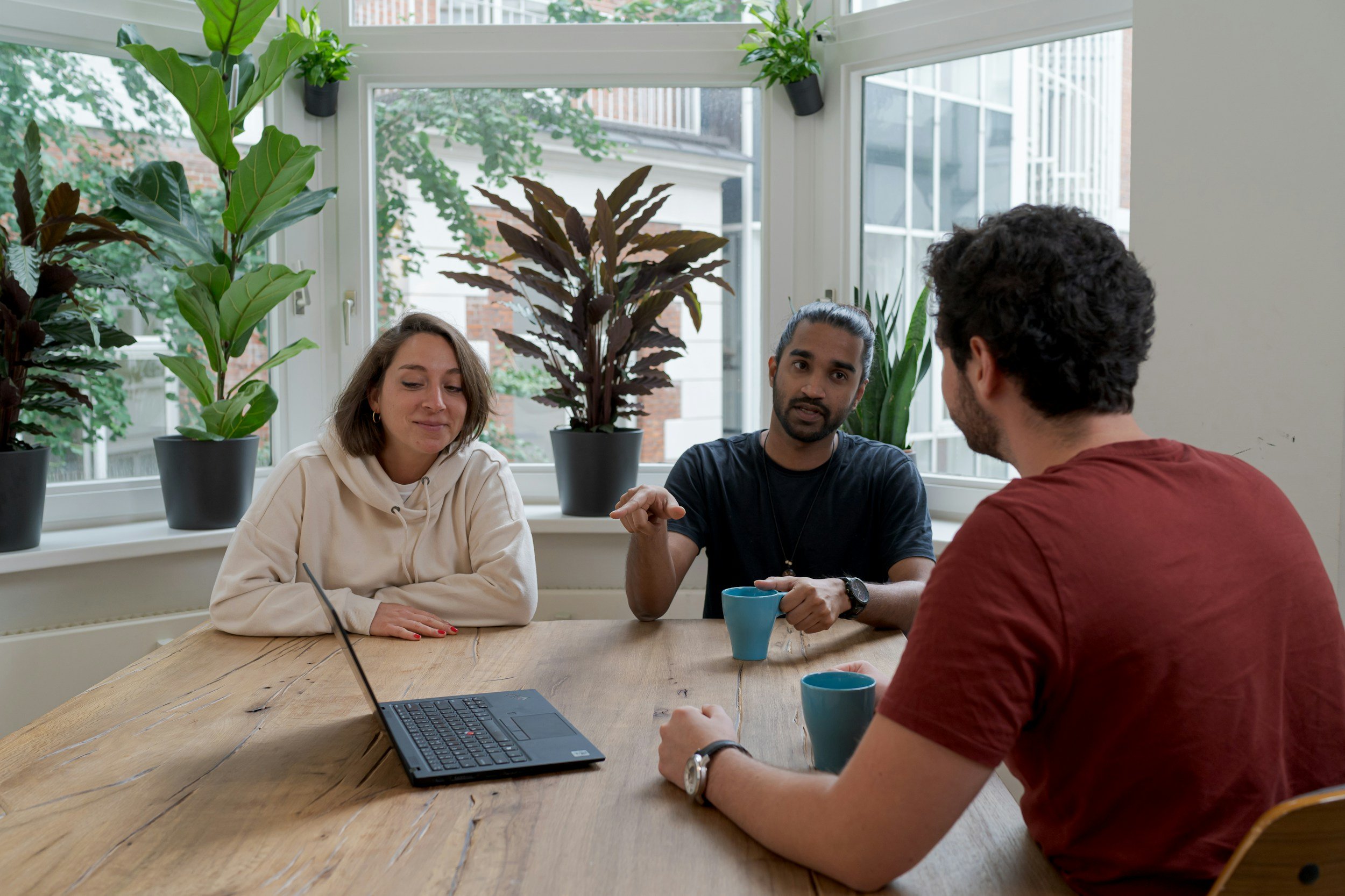 Three people sitting at a wooden table with potted plants and a laptop, engaged in conversation in a brightly lit room with large windows.