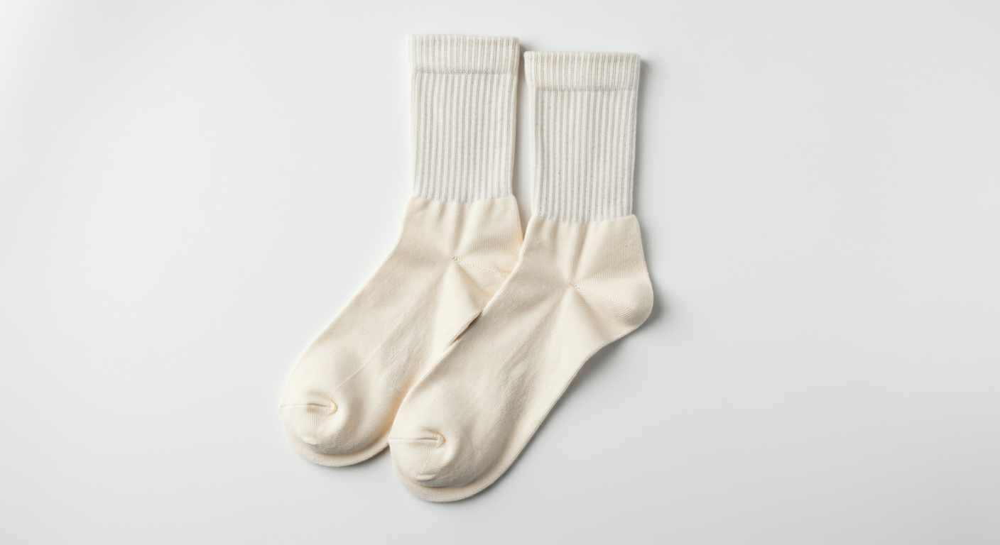A pair of cream-colored socks with ribbed tops, placed on a white background.
