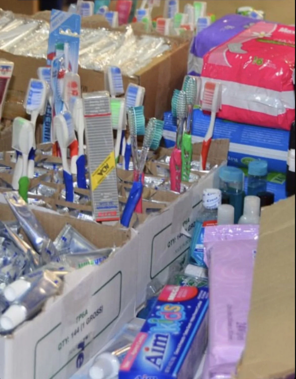 A display of various dental hygiene products donated and delivered to those in need by Gobble Gobble Give Detroit hosted by It’s Giving Detroit, Emily Stocker