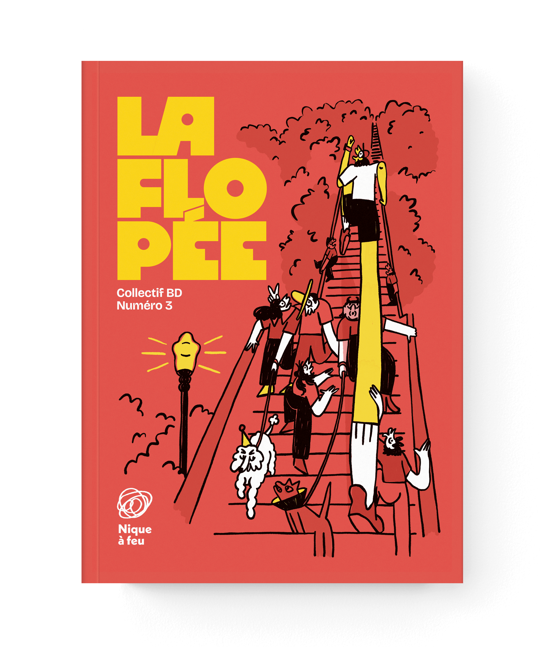 Couverture d'une bande dessinée avec des personnages et des animaux montés en escalier, fond rouge et une lampadaire