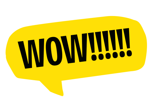 Bulle de dialogue jaune avec le texte "WOW!!!!" en lettres noires