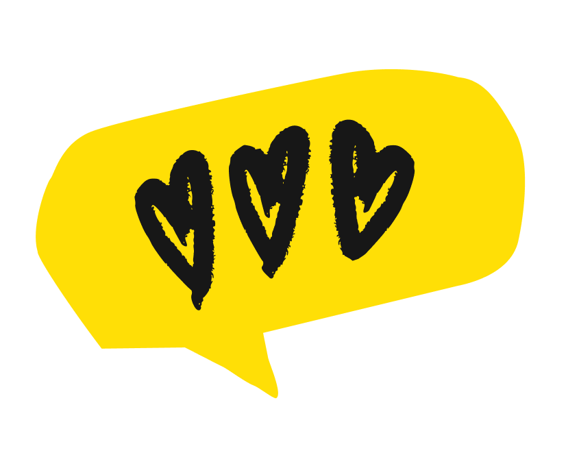 Bulle de dialogue jaune avec trois cœurs noirs dessinés à l'intérieur.