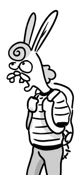 Un dessin humoristique d'un lapin avec un sac à dos, dans un style cartoon.