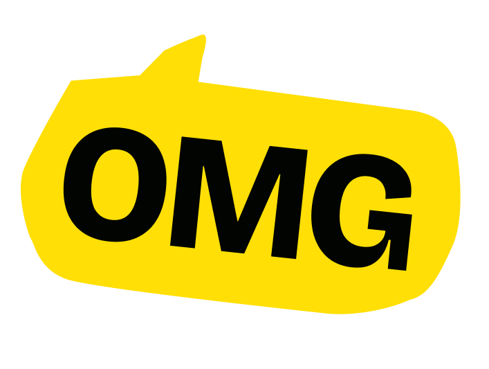 Un logo jaune avec le texte noir 'OMG' dans une forme de bulle de dialogue.