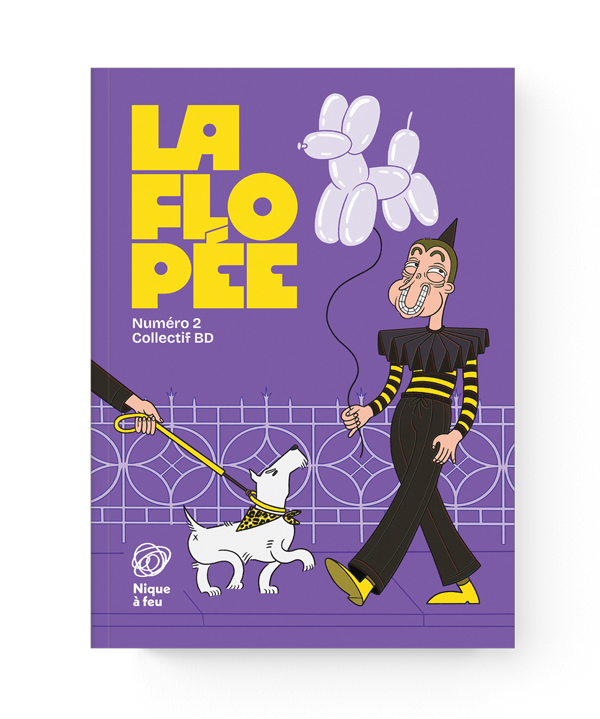 Couverture d'une bande dessinée intitulée "La Filopée" avec un clown et un chien blanc. Le clown porte un costume noir et jaune, un chapeau pointu et tient des ballons en forme de chien. Le fond est violet avec une clôture. La bande dessinée est numérotée 2.