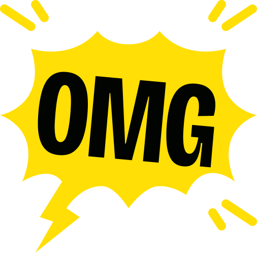 Un graphique de style bande dessinée avec le texte « OMG » en lettres noires sur un fond jaune, entouré d'éclats et de lignes pour donner un effet d'excitation ou de surprise.