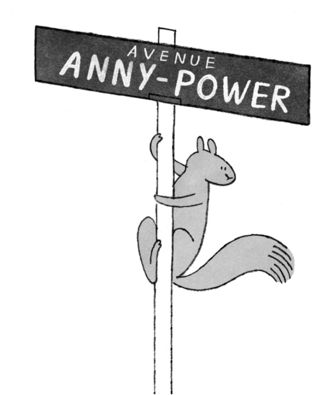 Un dessin d'une plaque de rue avec le texte 'AVENUE ANNY-POWER' et un animal ressemblant à une souris ou un écureuil accroché au poteau de signalisation.