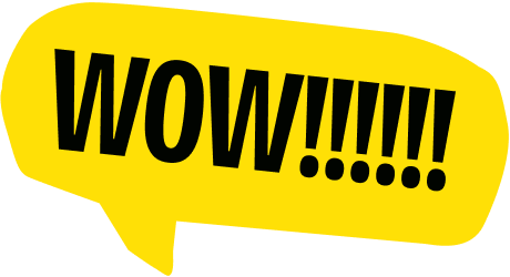 Une bulle de dialogue jaune avec le texte "WOW!!!!" en noir, exclamant l'émerveillement ou la surprise.