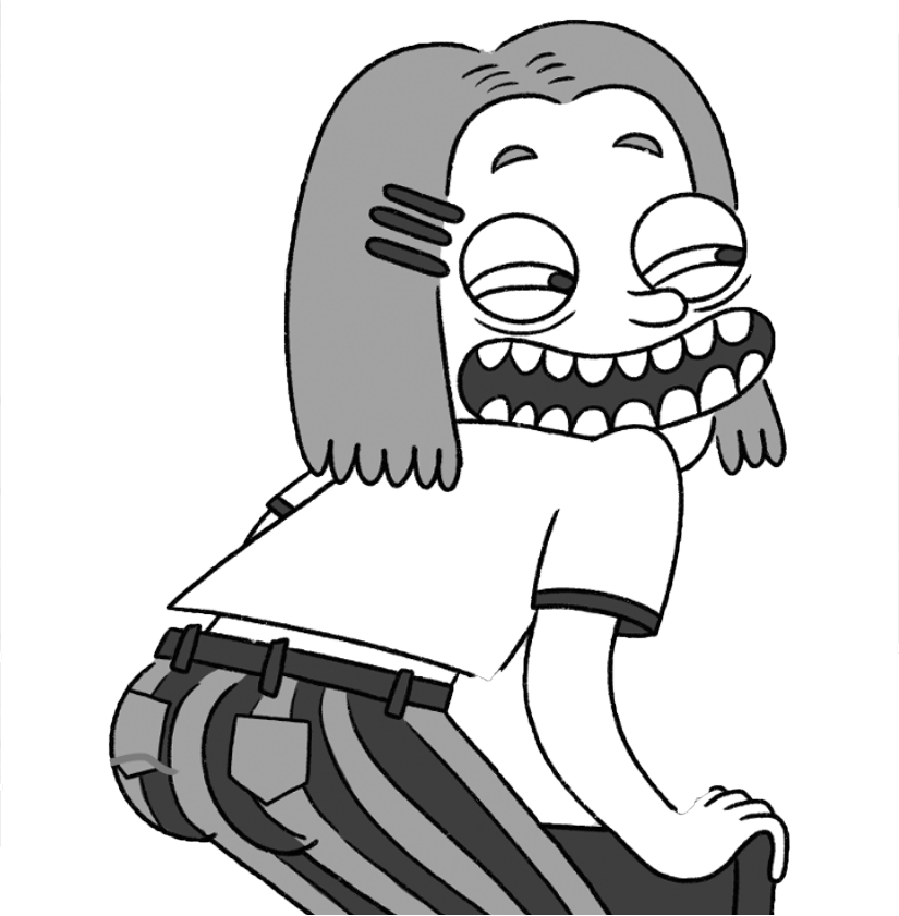 Dessin humoristique d'une femme avec des cheveux longs, portant un t-shirt et un pantalon à rayures, qui rit avec la bouche ouverte et les yeux plissés.