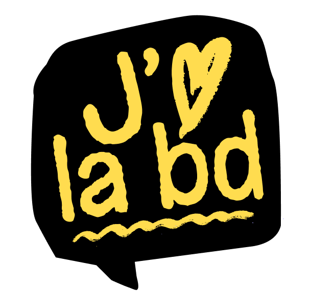 Texte en jaune disant "J'adore la bd" sur fond noir.
