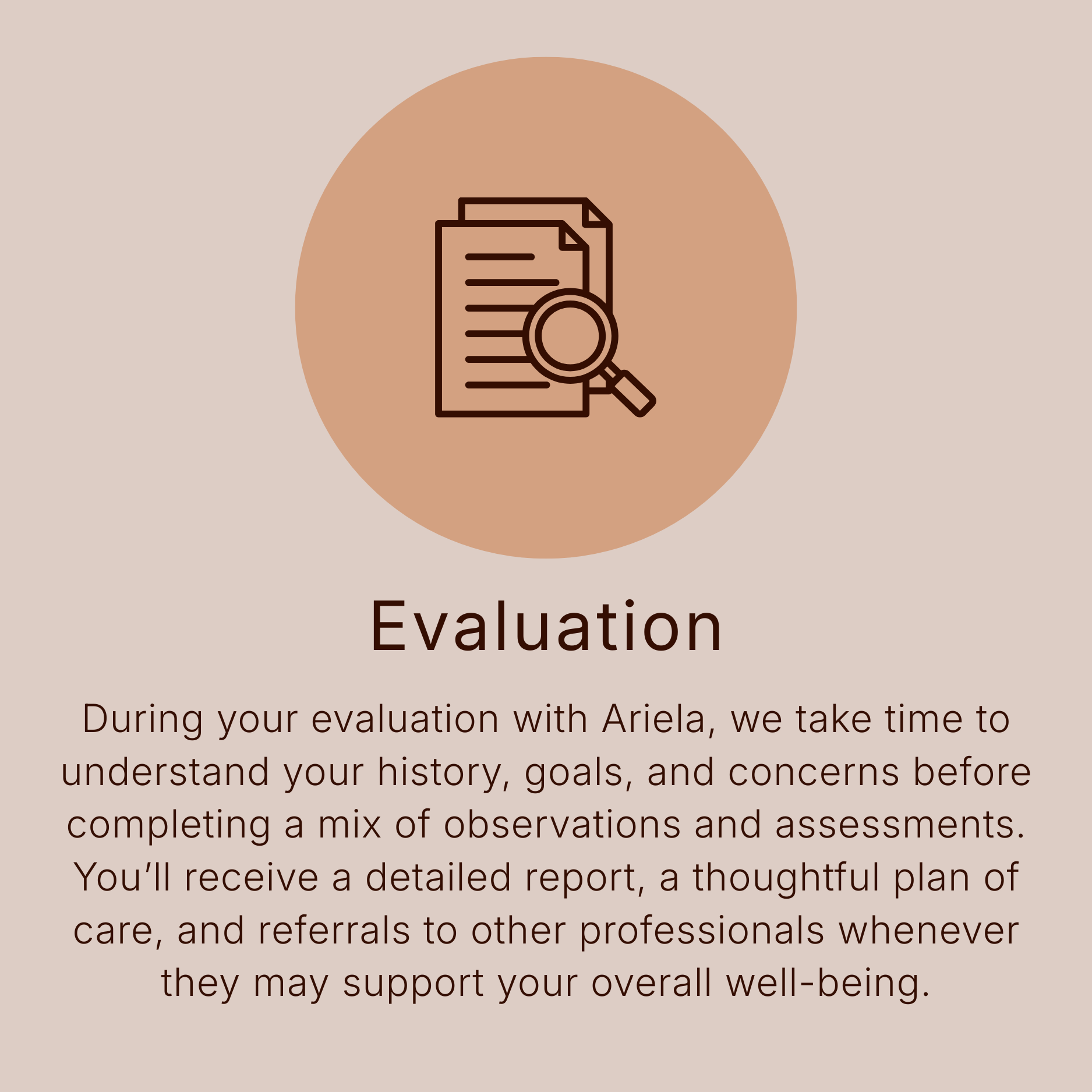 Illustration of documents with a magnifying glass, symbolizing evaluation, with descriptive text about assessment and care planning.