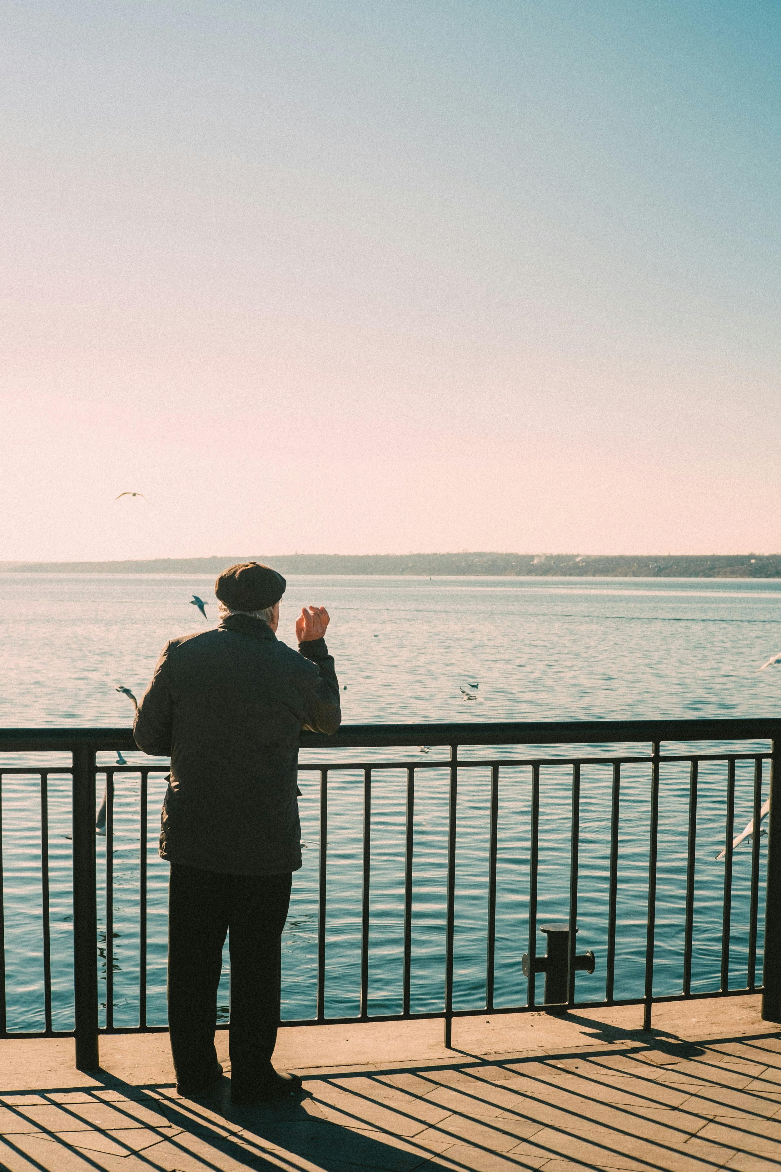A person standing on a dock by the water, facing away, watching seagulls fly over the lake or ocean during a sunny day.