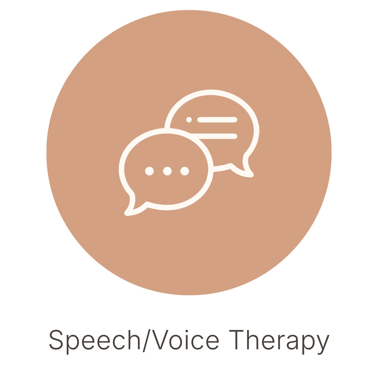 Icon of two speech bubbles, one with three dots and the other with lines, indicating conversation or speech. Text below reads 'Speech/Voice Therapy'.