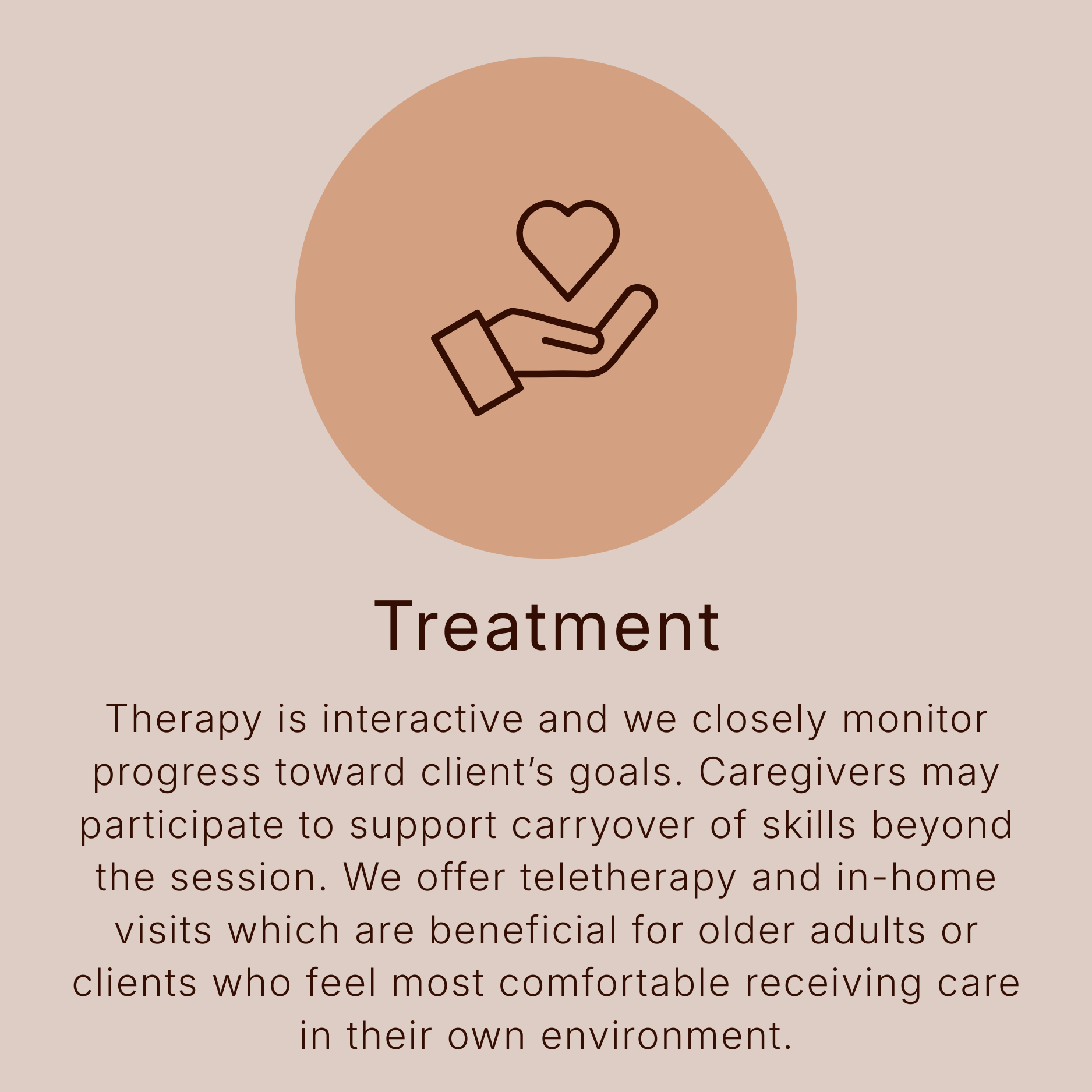 Icon of a hand holding a heart inside a circle. Text discussing therapy and caregiver support, including teletherapy and in-home visits for older adults.