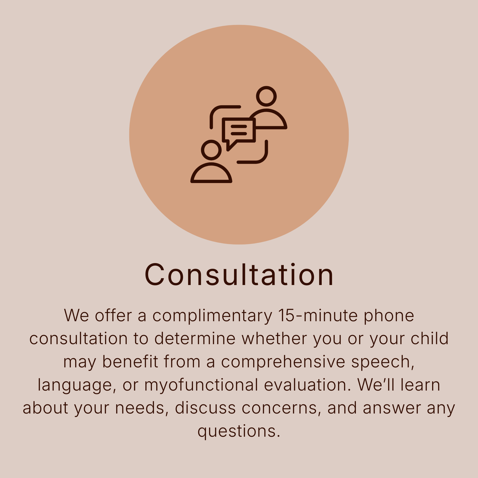 An infographic about consultation services showing two people chatting, with text offering a free 15-minute phone consultation to discuss speech, language, or functional concerns for children.