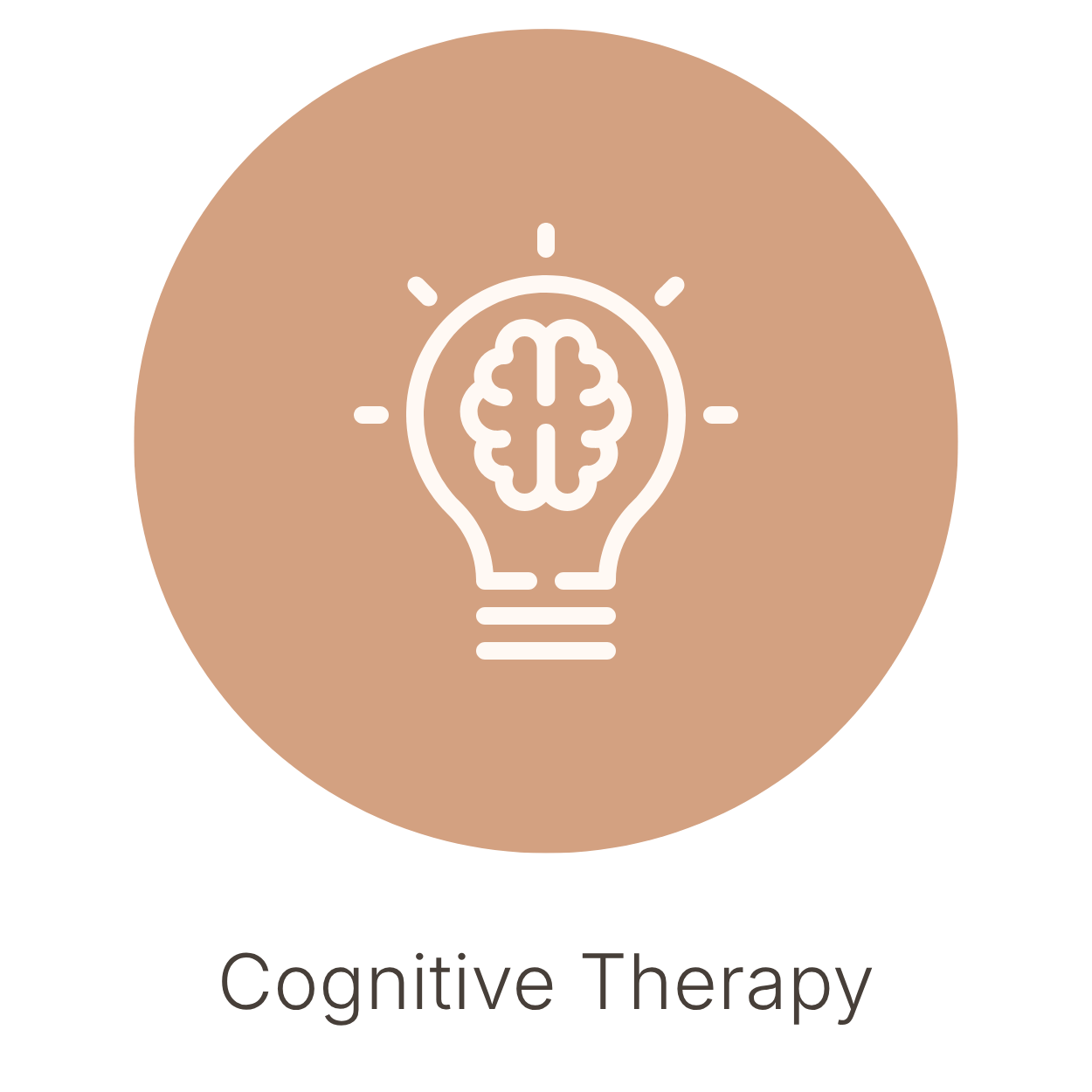 Graphic of a light bulb with a brain inside and lines radiating outward, representing cognitive therapy.