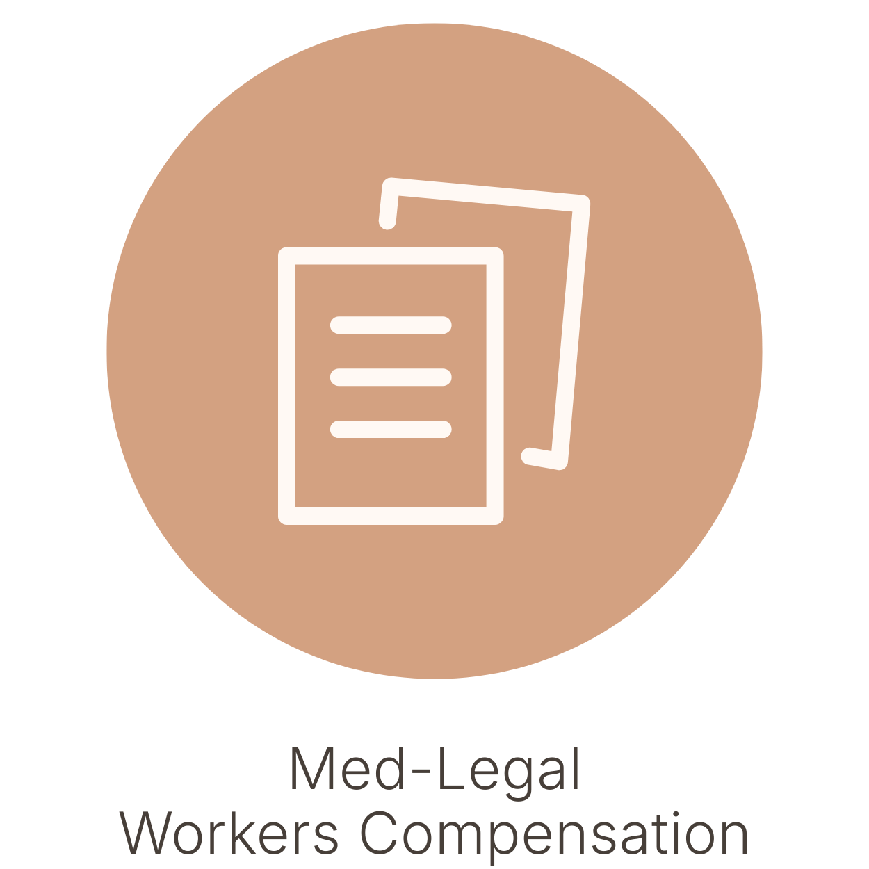 Icon of a document and a smartphone inside a tan circle with the text 'Med-Legal Workers Compensation' beneath.
