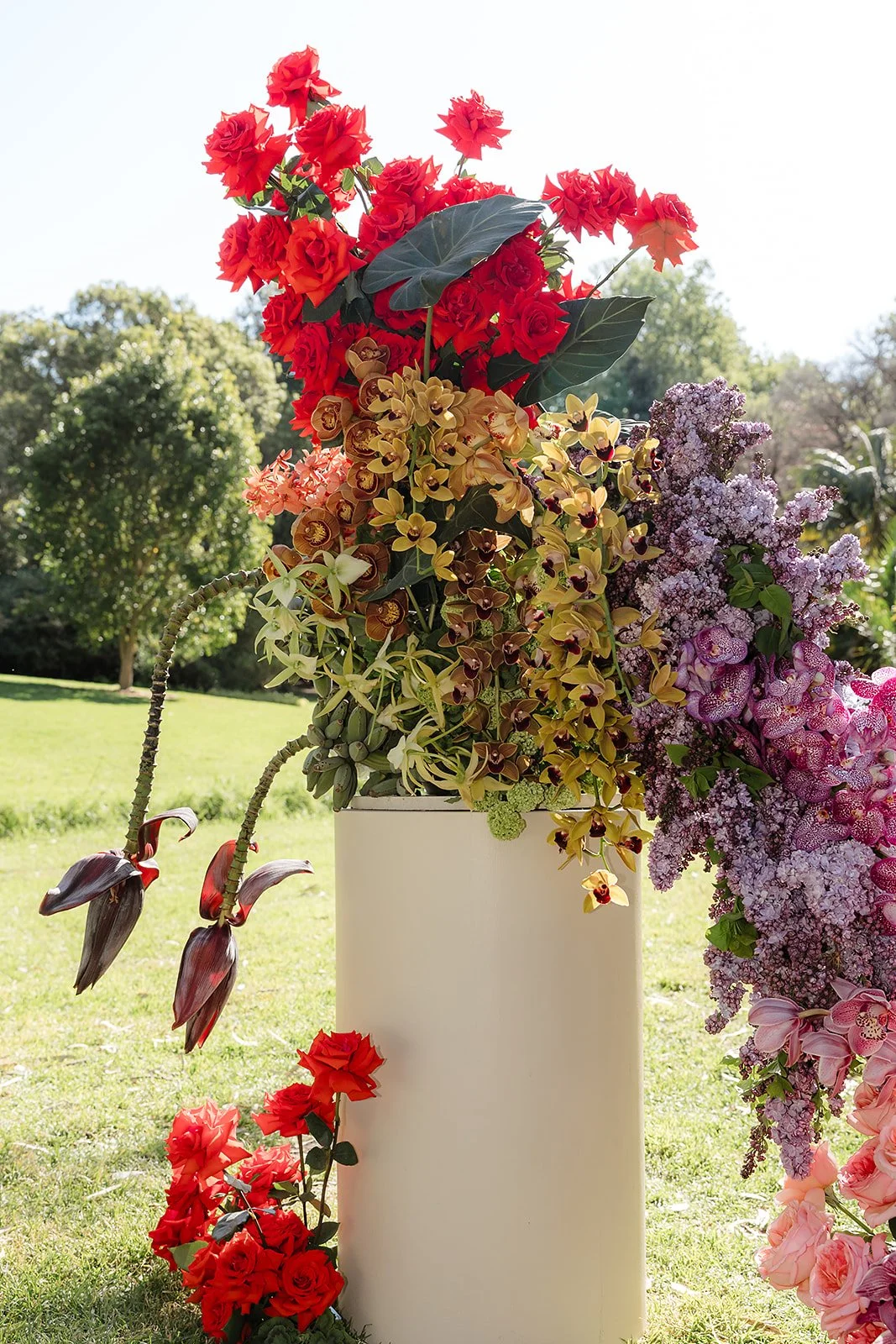 A large flower arrangement with red, yellow, pink, and purple orchids and roses in a tall white vase outdoors with green trees and grass in the background.