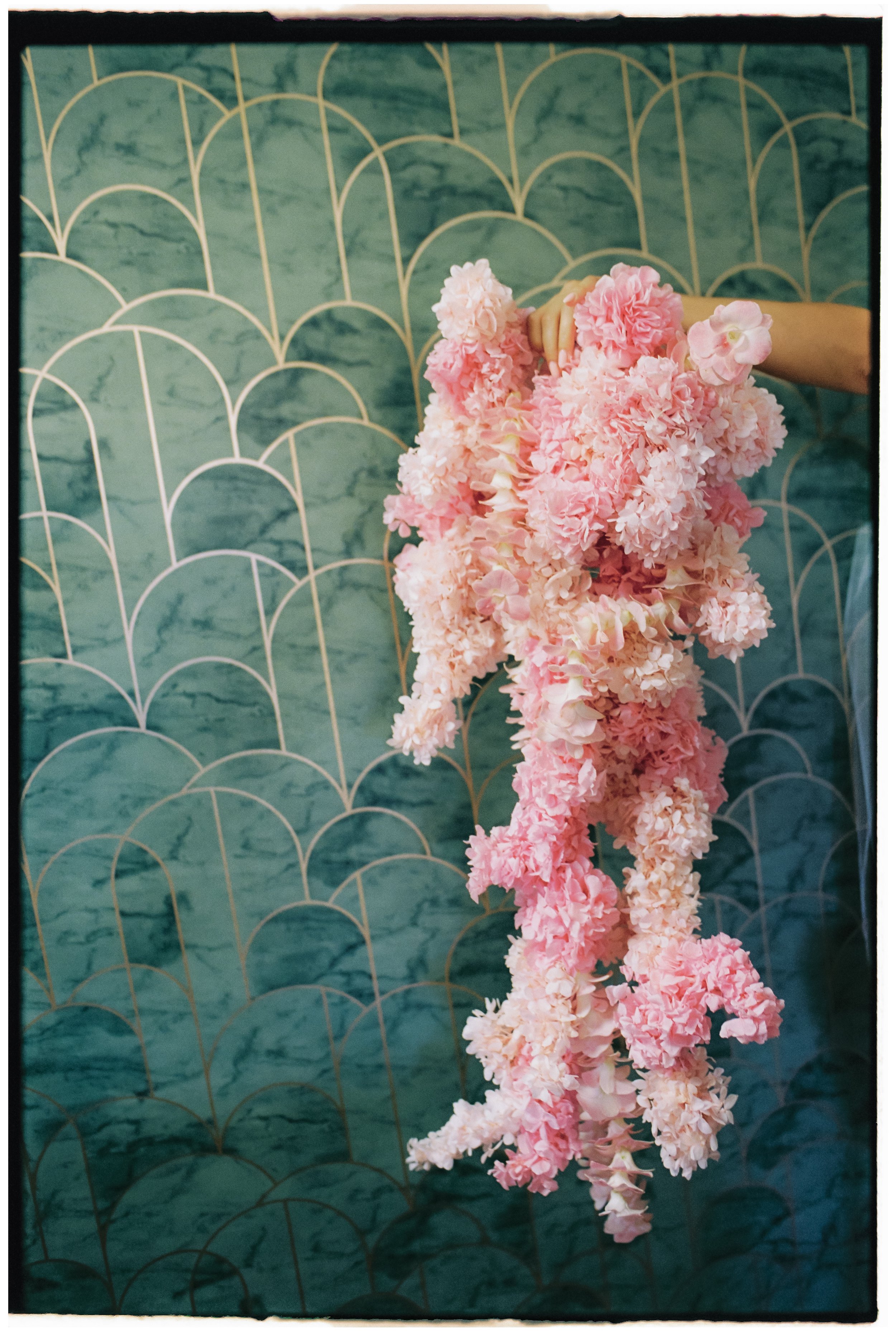 A cluster of pink and white hydrangea flowers hanging in front of a green marble patterned wall with gold geometric lines.