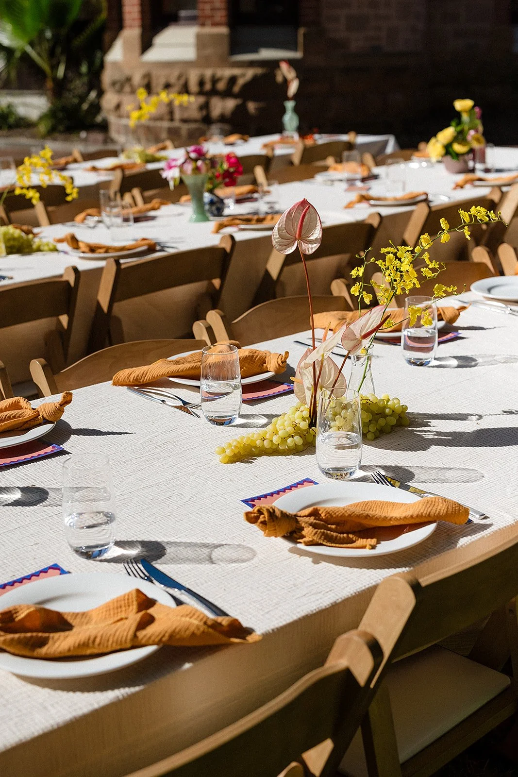 A long outdoor dining table set for a meal, decorated with flowers and grapes, with plates, glasses, and napkins arranged neatly.