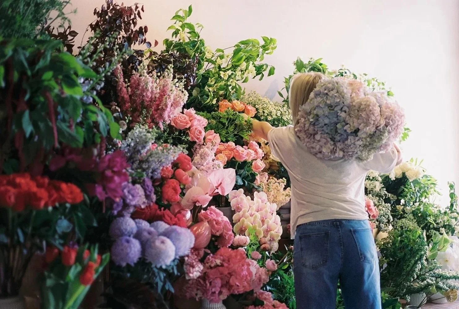 A person shopping for flowers at a floral shop, surrounded by a variety of colorful flowers including roses, hydrangeas, and other blossoms.