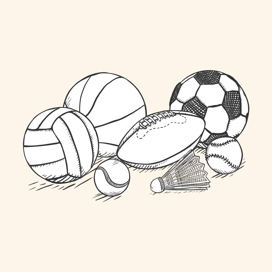 Black and white line drawing of various sports balls, including a basketball, soccer ball, volleyball, football, tennis ball, golf ball, and badminton shuttlecock on a light background.