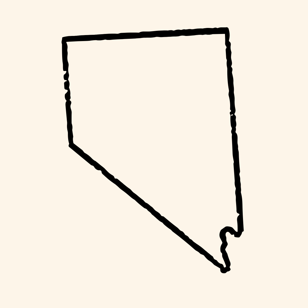 Outline drawing of the shape of Nevada state in black on a light background.