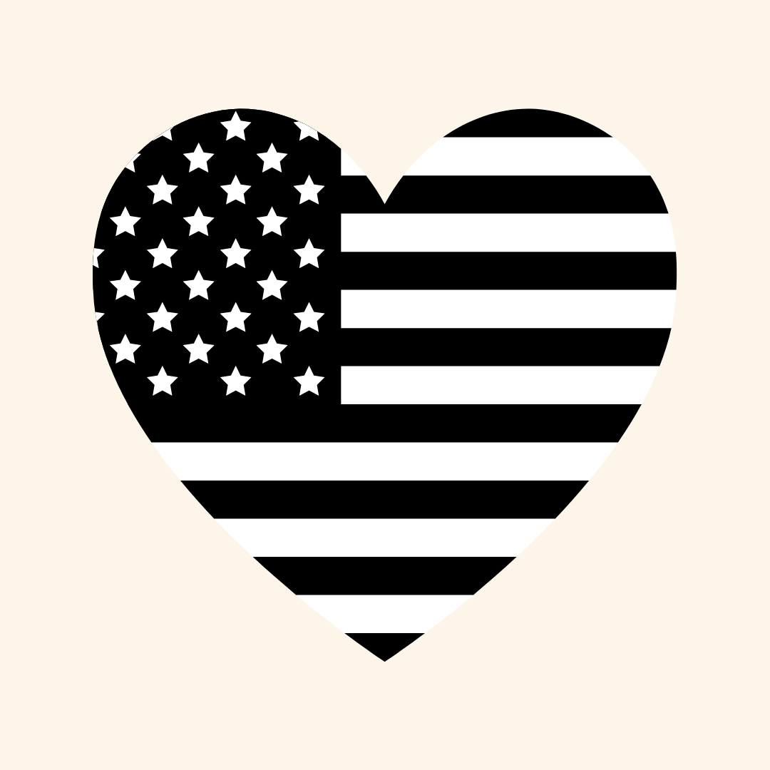 A heart-shaped graphic filled with a black and white American flag pattern.