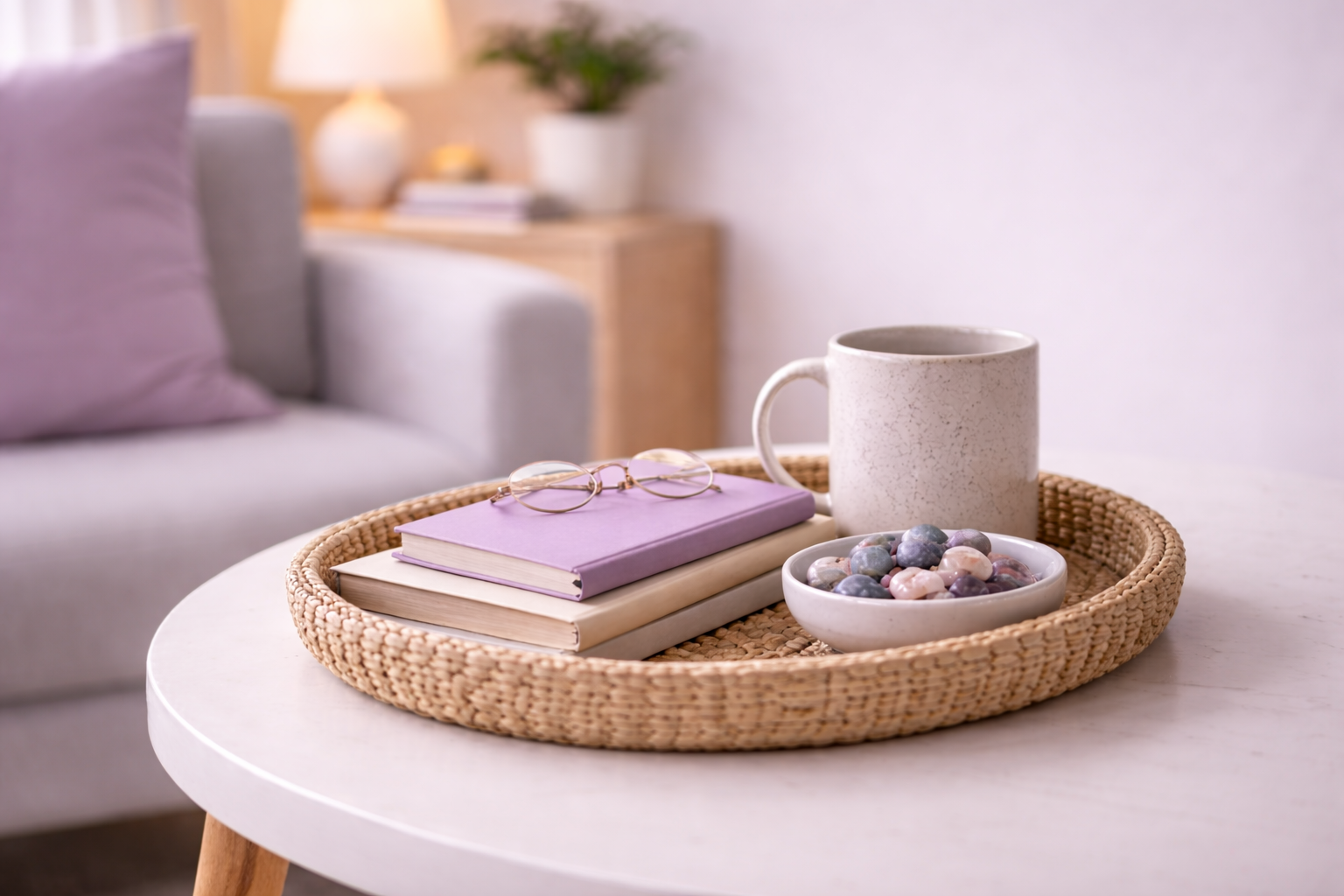 A white round table with a woven tray holding two books with purple and beige covers, a pair of glasses, a white mug, and a bowl of colorful small rocks, in a cozy living room with a sofa, purple pillow, and a side table with a plant and lamp in the background.