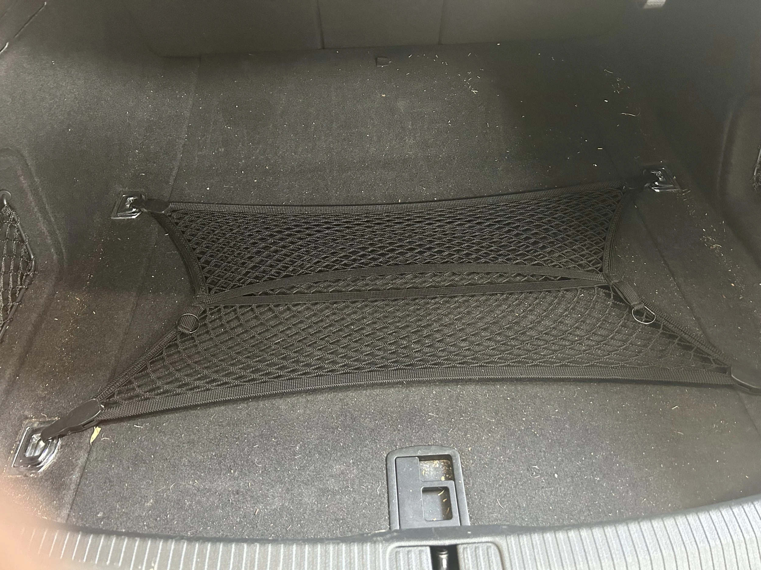 Before detailing — car trunk with dark carpeting and a black cargo net showing light dirt and debris across the floor.