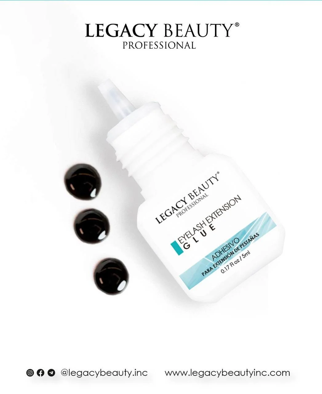 A bottle of Legacy Beauty Professional eyelash extension adhesive with three black eyelash extension adhesive drops beside it, on a white background with the brand and product information.