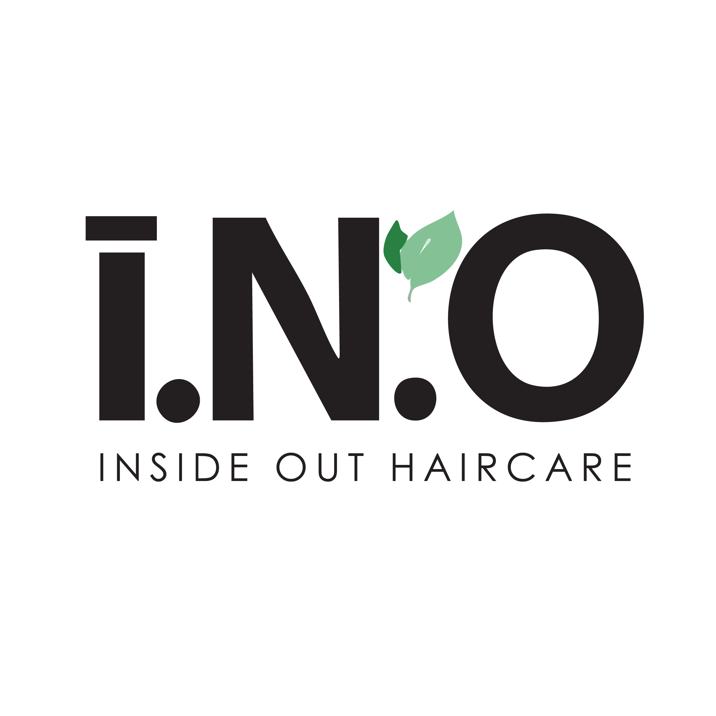 Logo for I.N.O. Inside Out Haircare, featuring black text with a green leaf design.
