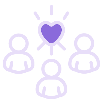 Outline of three people with a purple heart above them, connected by lines, symbolizing love or connection.