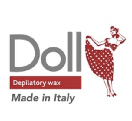 Logo for Doll brand, with a red and white illustration of a woman in a polka dot dress, and text indicating 'Doll,' 'Depilatory wax,' and 'Made in Italy.'