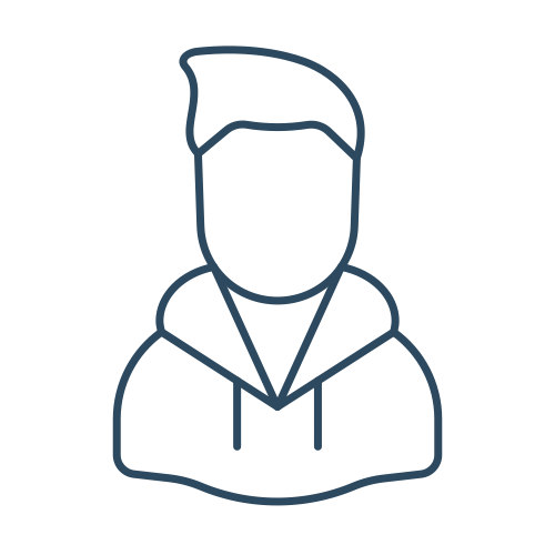 Line drawing of a person wearing a hoodie with short, styled hair.