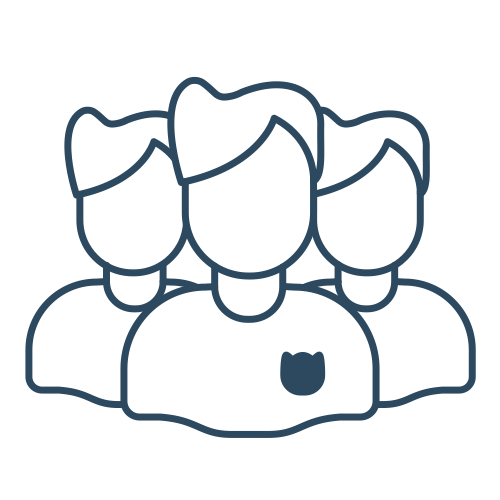 Outline drawing of a group of three people, with one in front wearing a badge or emblem.