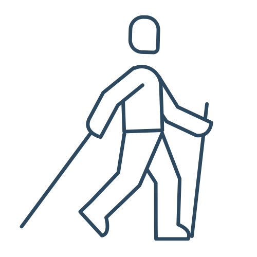 Line drawing of a person hiking with a backpack and walking with a walking stick.