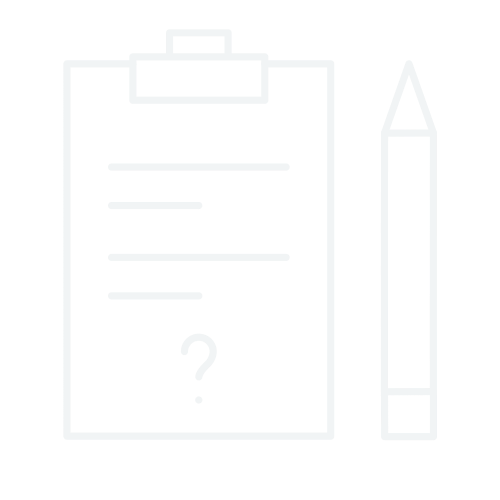 White outline of a clipboard with lines of text and a question mark, next to a large pen on a black background.
