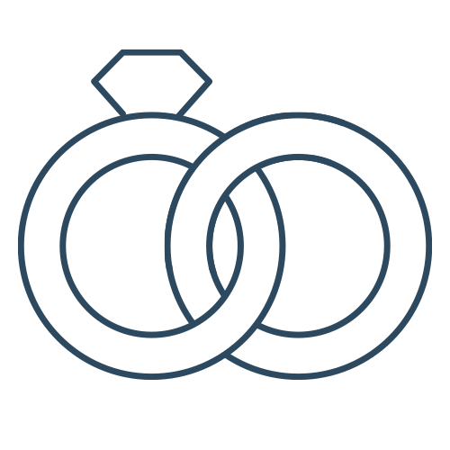 Line drawing of two wedding rings, one with a diamond, overlapping each other.