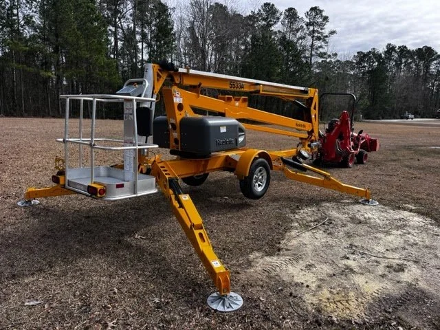 Haulotte 5533A towable boom lift for rent.  Call Project Pro Rental at 910-840-1137
