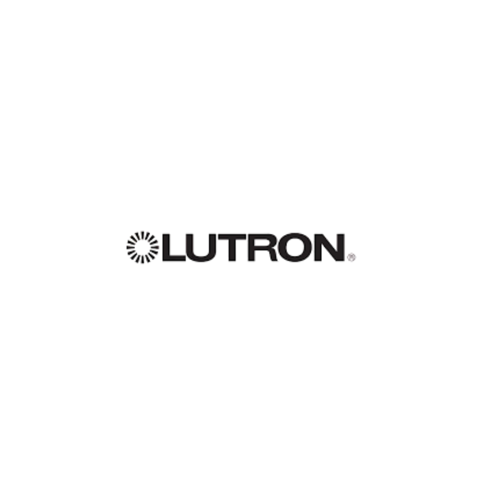 Lutron logo with a black silhouette of a light switch and controls, and orange and purple accents.