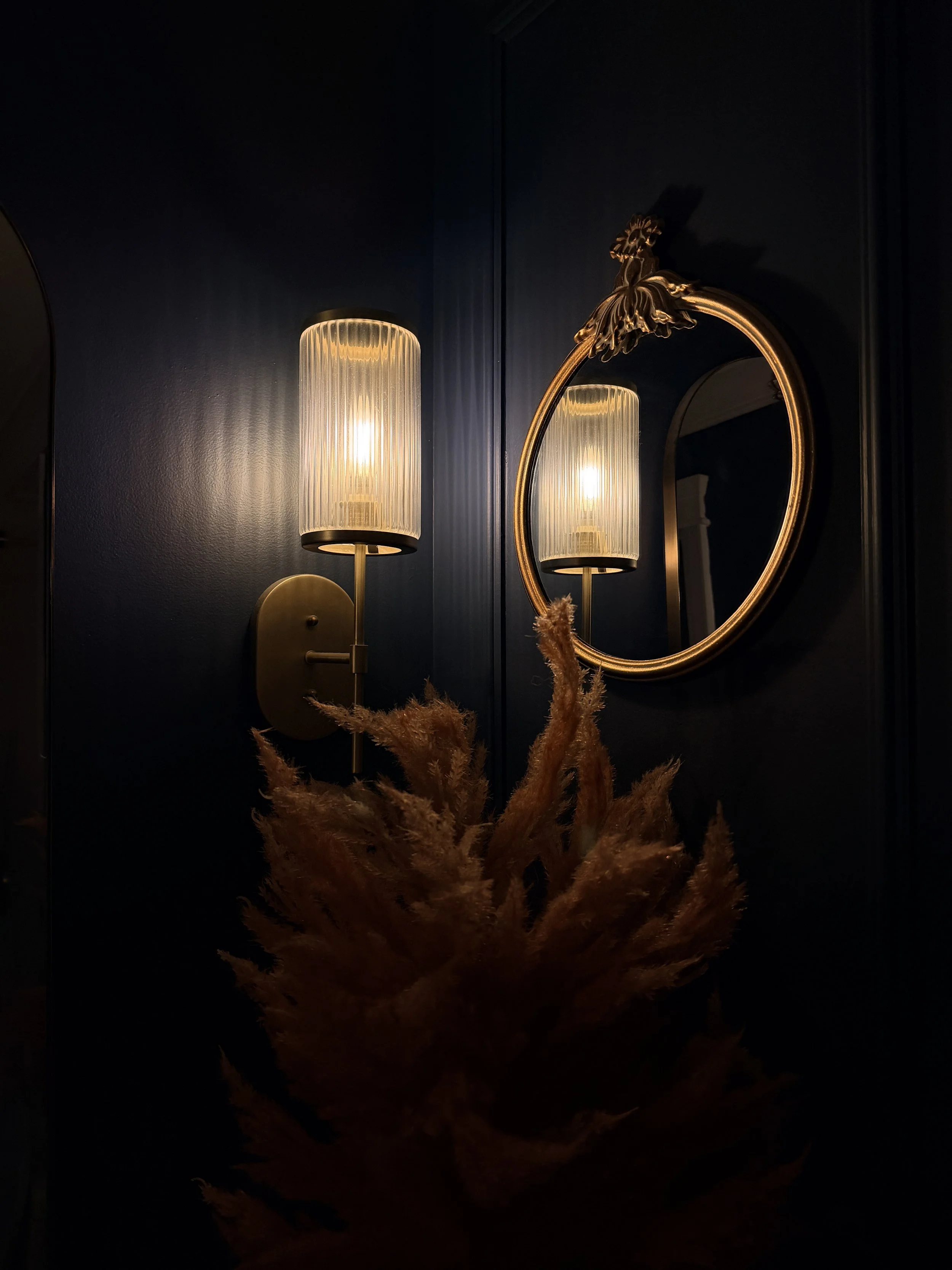 A dark wall with a wall-mounted lamp and a round mirror reflecting the lamp, with dried plants in the foreground.