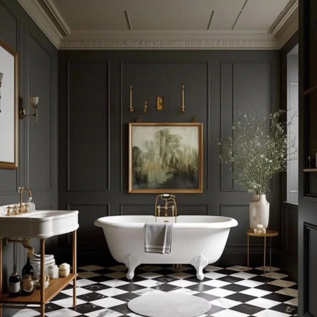 A bathroom with dark gray paneled walls, a vintage clawfoot bathtub with gold fixtures, a small white sink with gold accents, a large vase with white flowers, a framed landscape painting, and a black and white checkered floor.