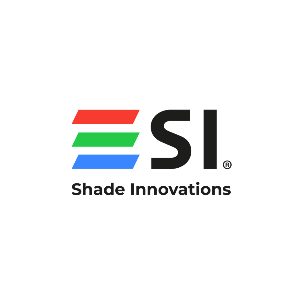 Logo for Shade Innovations, featuring three horizontal stripes in red, green, and blue, with the letters 'SI' alongside the company's name in black text.