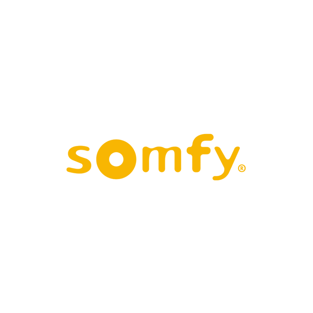 Black and white drawing of a bee on the ceiling, with the logo 'SOMFY' in yellow at the bottom.